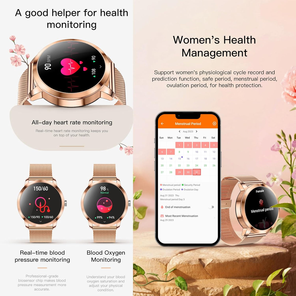 Smartwatch voor Damen met Bluetooth Bellen, 3 Armbanden, 1,09" Slimme Horloge, IP68 Waterdicht Sporthorloges, Hartslagmeter, SpO2, Slaapmonitor, Fitnesstrackerhorloge voor Android/iOS (Goud)