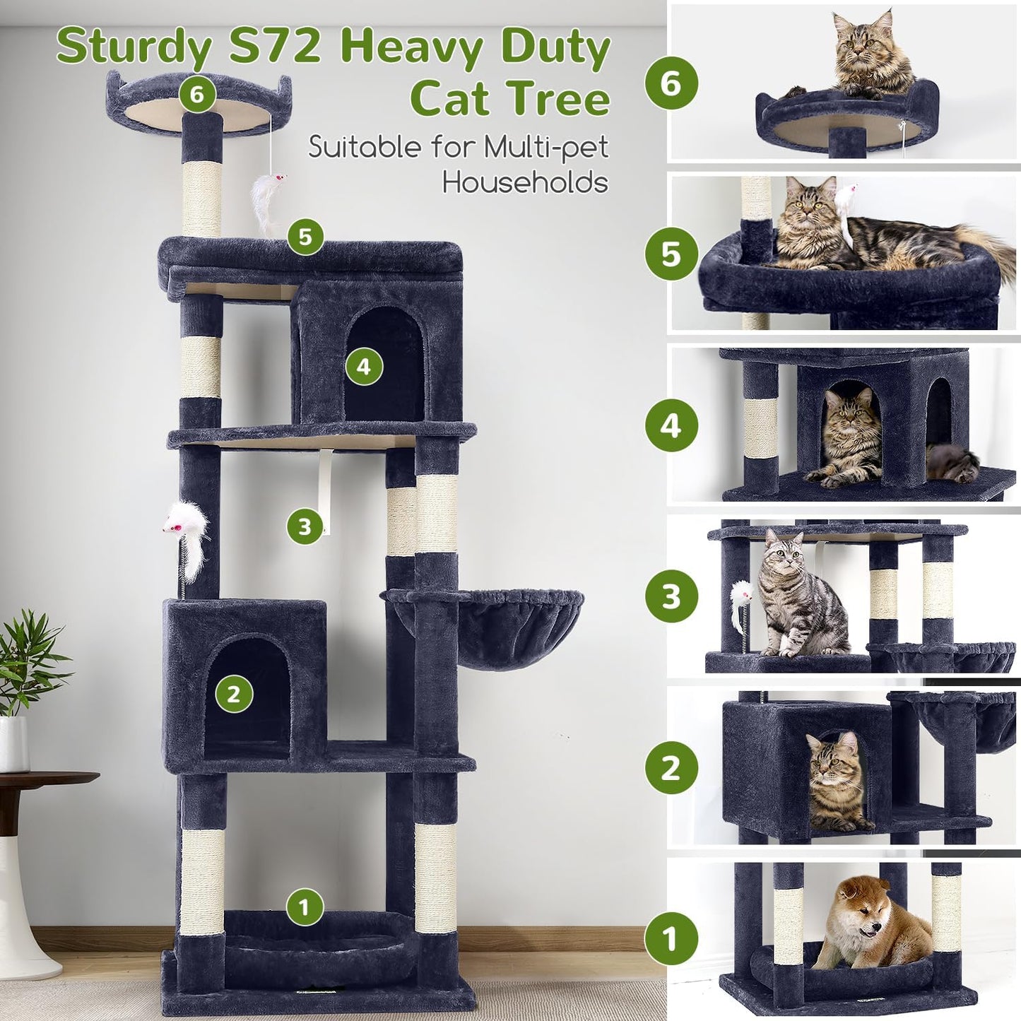 Krabpaal – Kattenboom – Kattenhuis – Kattenmeubel – Krabtoren – 183 cm Hoog – Geschikt Voor Grote Katten 3-5 Stuks – Steviele Basis Met Gevoerd Platform En Zitstang