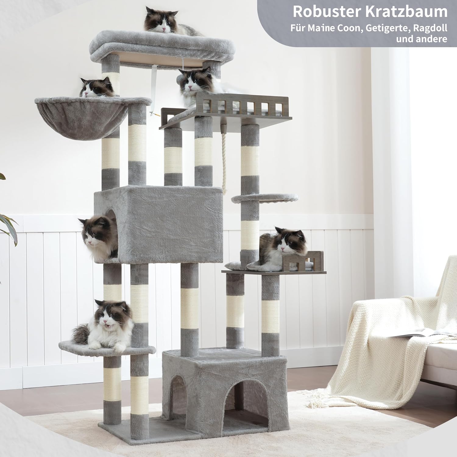Large Cat Scratching Post for Large Adult Cats, 174 cm Cat Scratching Post with Hammock, 2 Large Sitting Bars, 2 Cat Cavities, 15 Scratching Bars, Light Grey GCT033W - QUORE