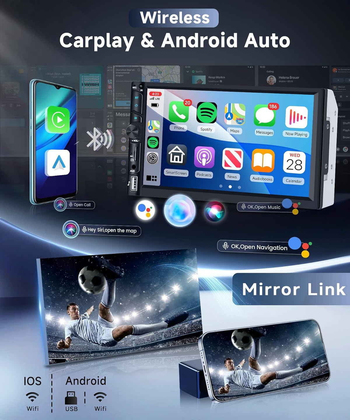 VECHTEL Autoradio, 2 Din met draadloze Carplay Android auto, 7 inch IPS HD touchscreen, autoradio, ondersteuning bluetooth, FM-radio, USB/TF/AUX spiegellink, achteruitrijcamera, afstandsbediening