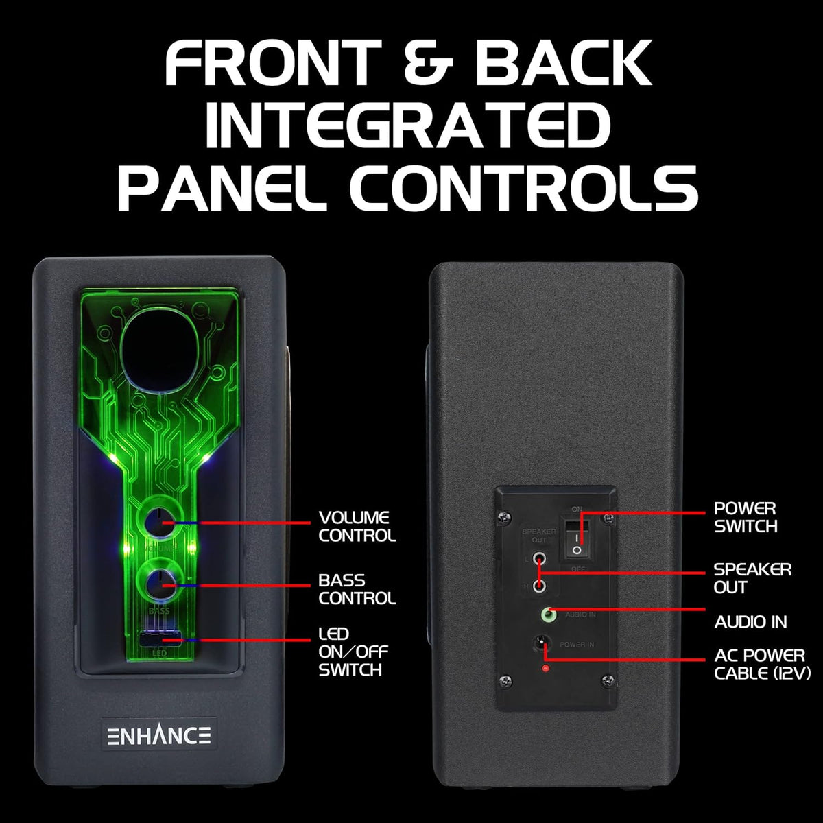 ENHANCE SB 2.1 Computerluidspreker met subwoofer – groene led-gamingluidspreker, high-excursie-geluidssysteem, AC-voeding, volume- en basregeling, compatibel met gaming-pc, desktop, laptop