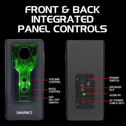ENHANCE SB 2.1 Computerluidspreker met subwoofer – groene led-gamingluidspreker, high-excursie-geluidssysteem, AC-voeding, volume- en basregeling, compatibel met gaming-pc, desktop, laptop