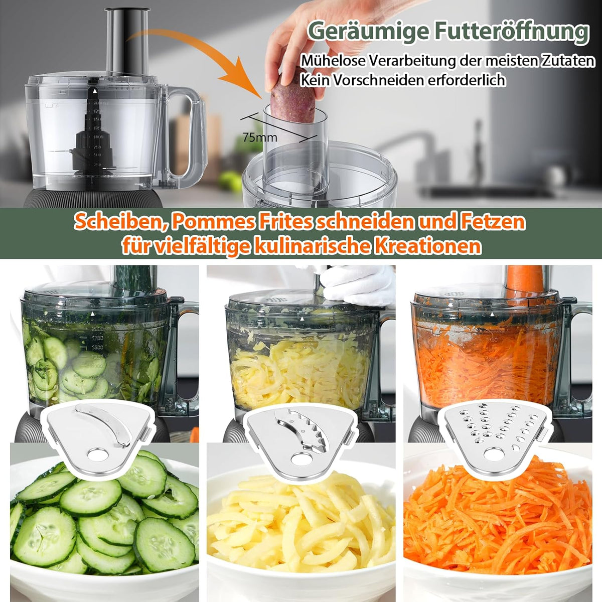 1500 W keukenmachine en mixer combinatie, 2,5 l hakmolen voor vlees, groenten en deeg, 2 l blender met glazen reservoir, 2 snelheden en pulsfunctie voor smoothies, sap enz.