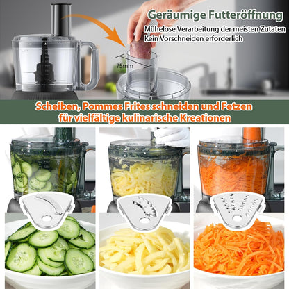 1500 W keukenmachine en mixer combinatie, 2,5 l hakmolen voor vlees, groenten en deeg, 2 l blender met glazen reservoir, 2 snelheden en pulsfunctie voor smoothies, sap enz.