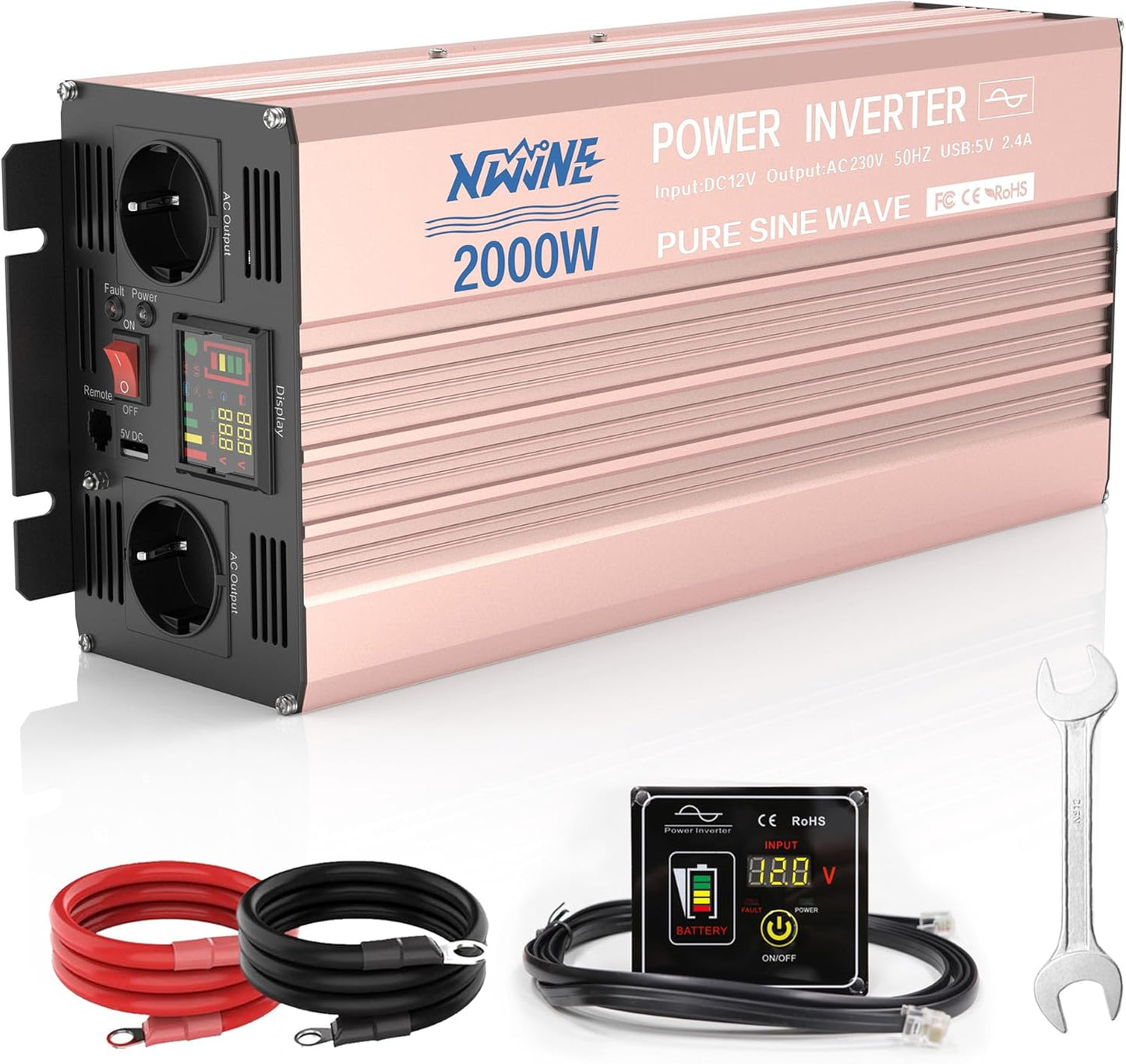 XWJNE Converter, 12 V, 220 V, zuivere sinus, 2000 W, omvormer voor auto met ventilator, lcd-display en afstandsbediening, spanningsomvormer met 2 EU-stopcontacten, 1 USB-A-uitgang, voor auto, camping