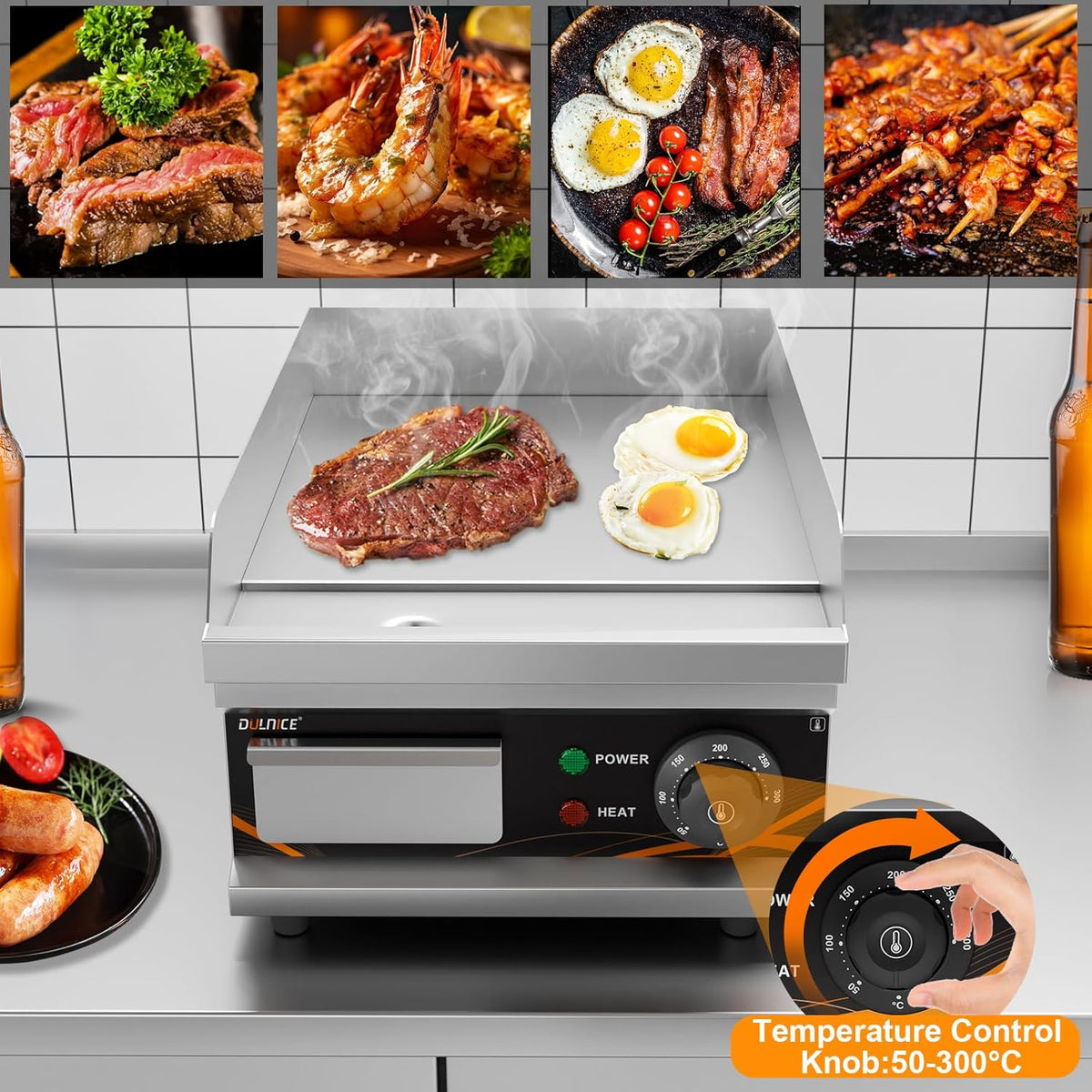 Professionele elektrische plaat gietijzer elektrische grill roestvrij staal met spatbescherming en vetopvangbak, 1500 W