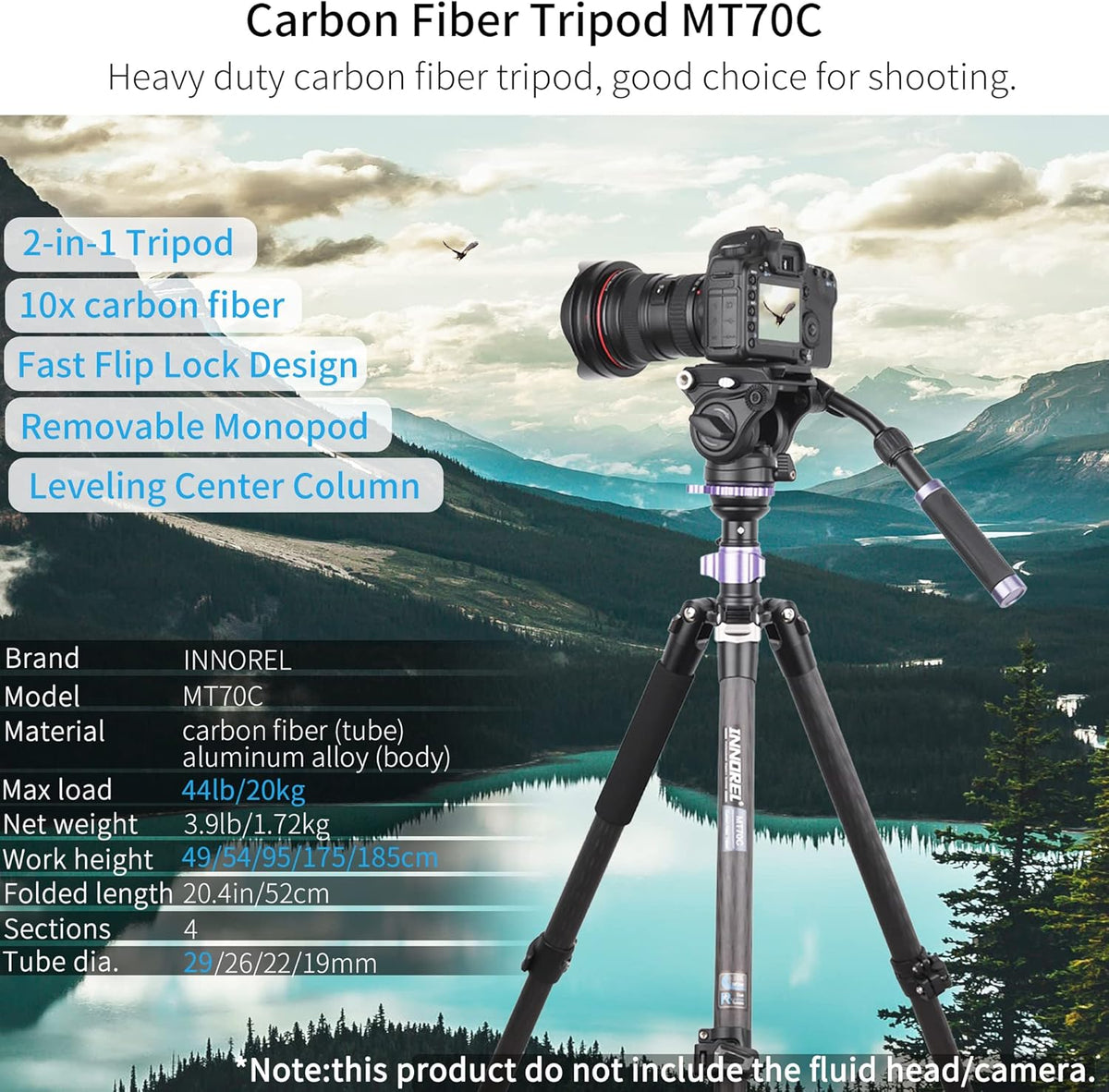 INNOREL MT70C Professionele Statieven, met Half Ball Leveller, zonder vloeistofkop, Koolstofvezel videostatiefset, Snel Flip Lock, Converteerbaar naar Monopod, voor DSLR Camera Video Camcorder