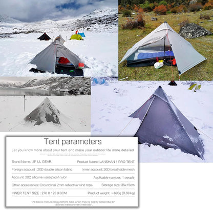 3FULGEAR Lanshan1 Pro Outdoor ultralichte campingtent voor 1 persoon, 3/4 seizoenen, professionele 20D nylon, dubbelzijdige siliconen tent, camping, trekking, kajakken, klimmen, wandelen,