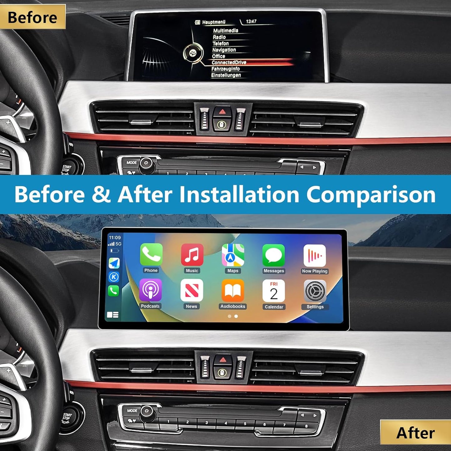 Ninetom 12,3-inch autoradio met touchscreen, draadloze CarPlay en Android Auto voor BMW X1-serie F48 (2015-2018) met NBT-systeem, ondersteunt MirrorLink, camera en navigatie