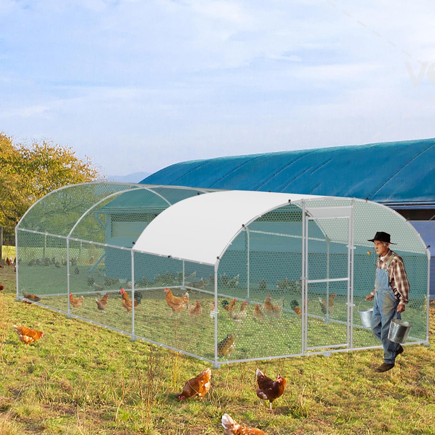 Chicken Coop 3 x 6 m Galvanized Steel with Arch Sun Protection Roof Door and Lock Stable - QUORE