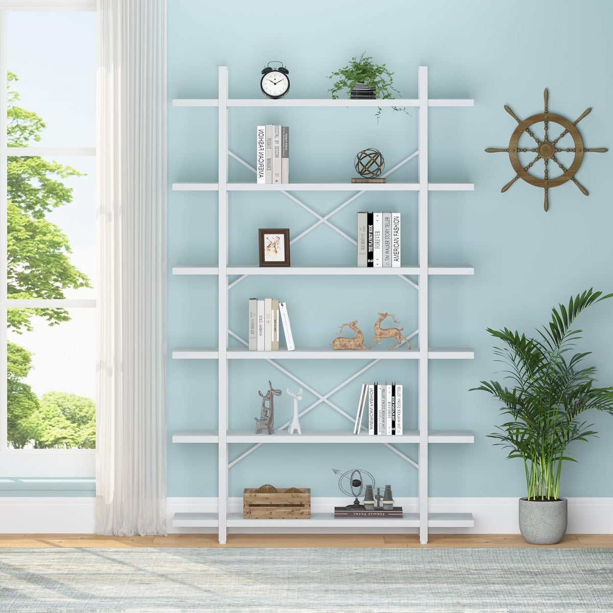 HSH Boekenkast met 6 niveaus, industriële opslag, metaal en hout, stabiel, duurzaam, voor woonkamer, kantoor, thuis, wit
