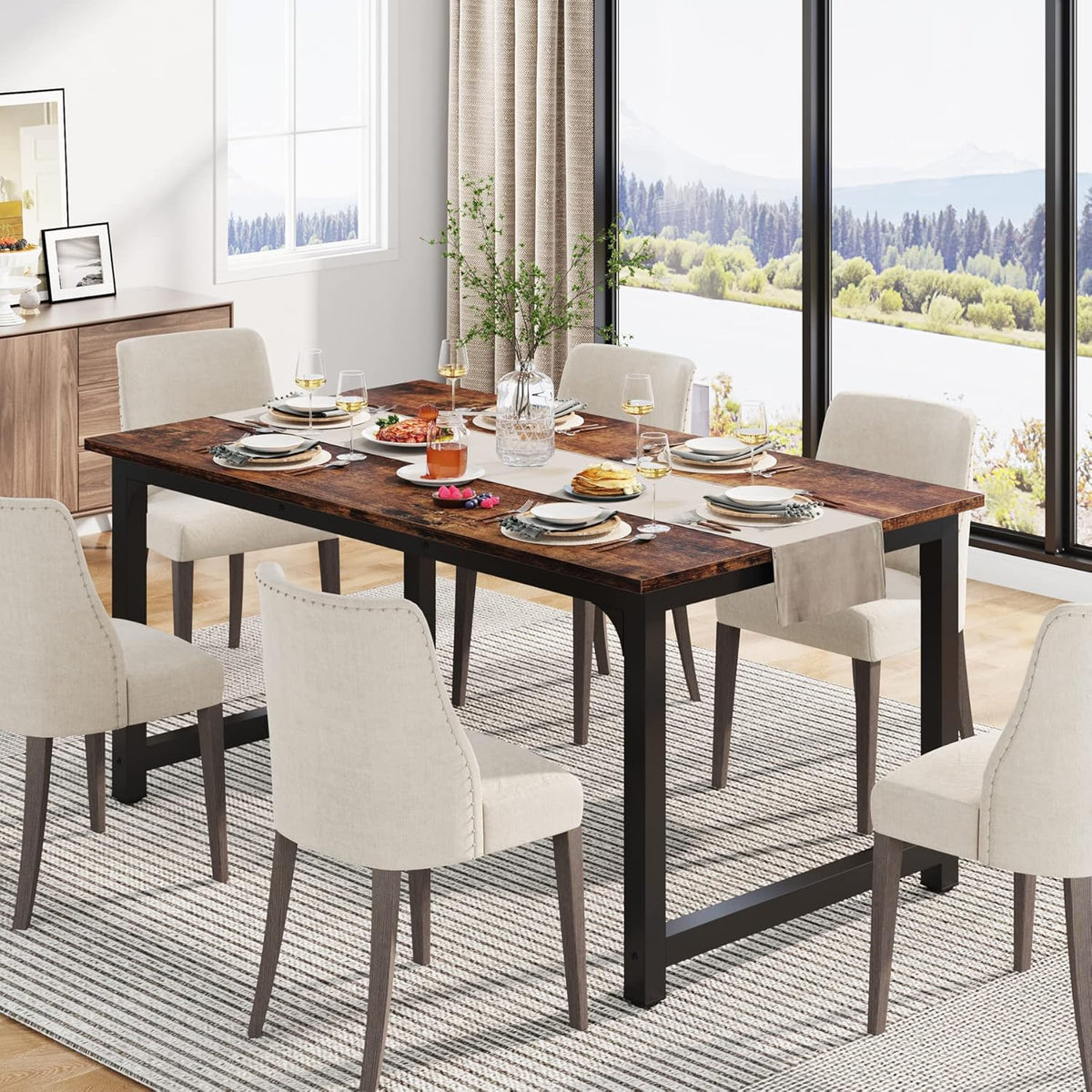 Tribesigns Dining Table, Industrial Kitchen Table for 4-6 People, Rectangular Dining Table for Dining Room, Kitchen, Living Room, with Robust Metal Legs, Rustic Brown, 160 x 80 cm