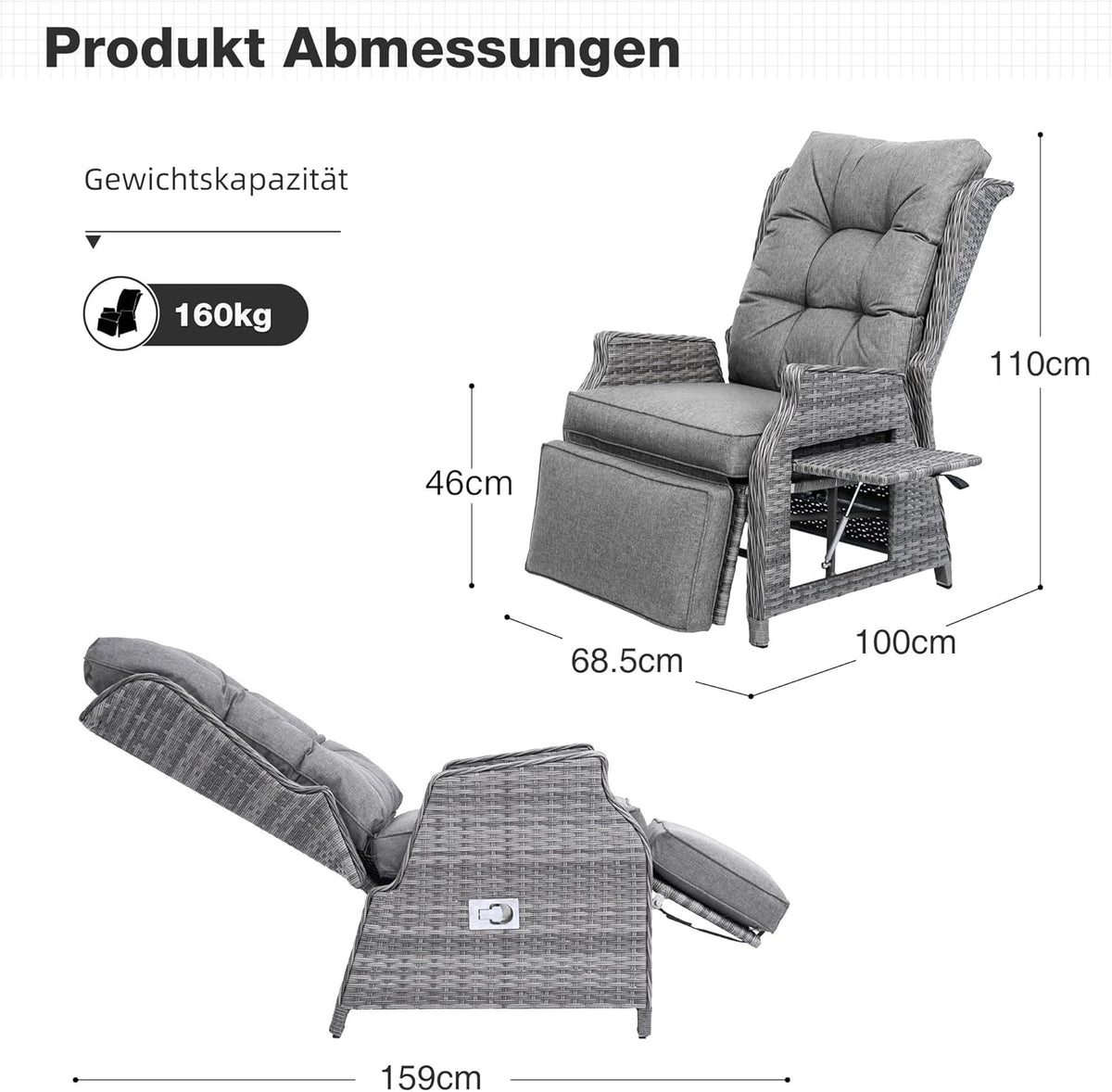 Tuinstoel met ligfunctie, donkergrijs