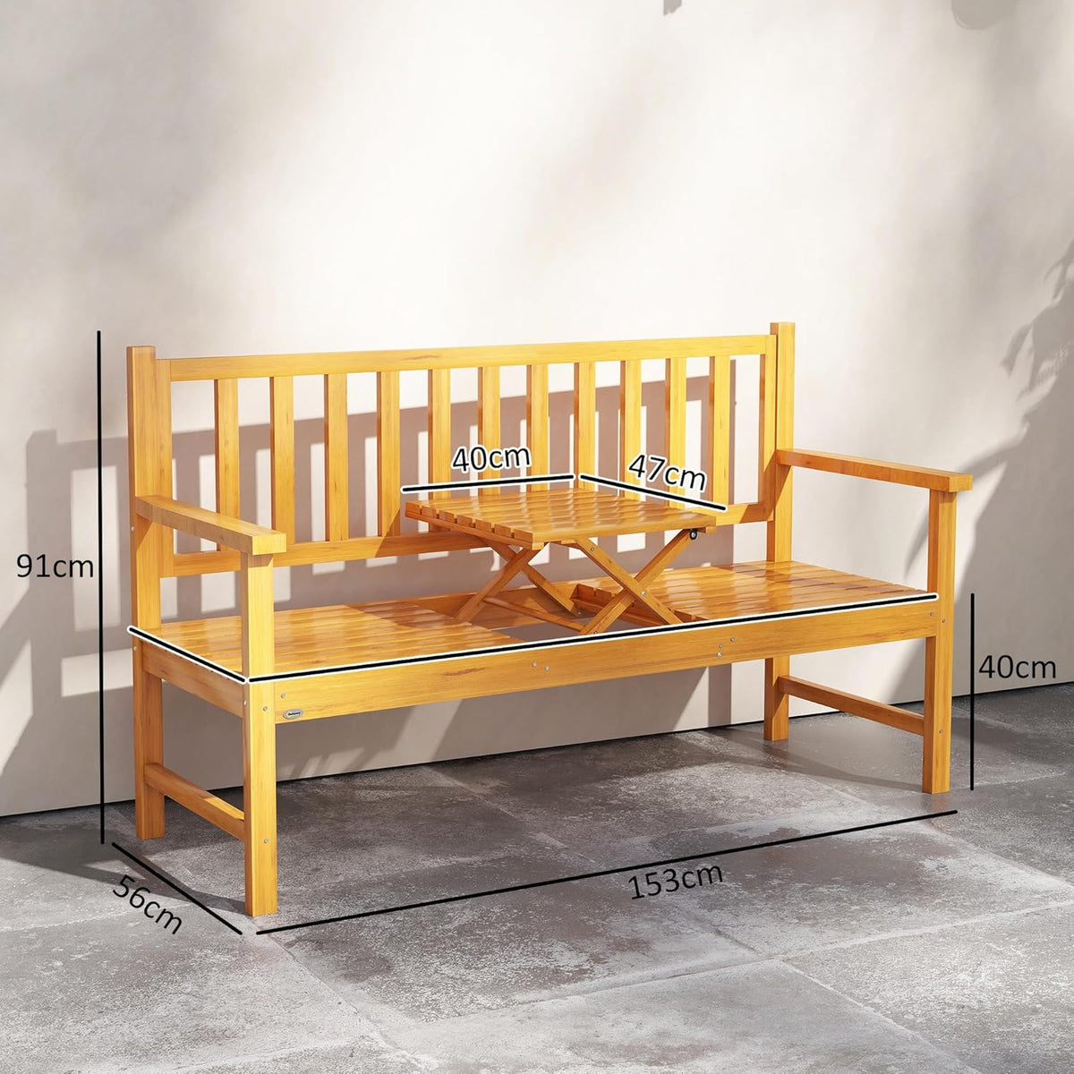 Outsunny Garden Bench 3-Seater Bench with Table, Park Bench with Armrest, Wooden Bench up to 280 kg Load Capacity for Balcony, Patio, Light Brown, 153 x 56 x 91 cm - QUORE