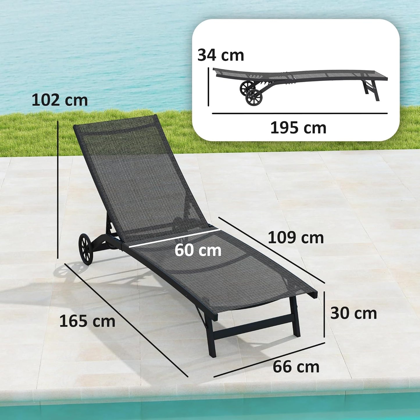 Outsunny Sonnenliege mit Rolle, Gartenliege Alu Liegestuhl mit 5-Fach verstellbare Rückenlehne, wetterfeste Campingliege, Gartenstuhl bis 150 kg load bar, für Garten Urlaub Strand Pool, Schwarz - QUORE