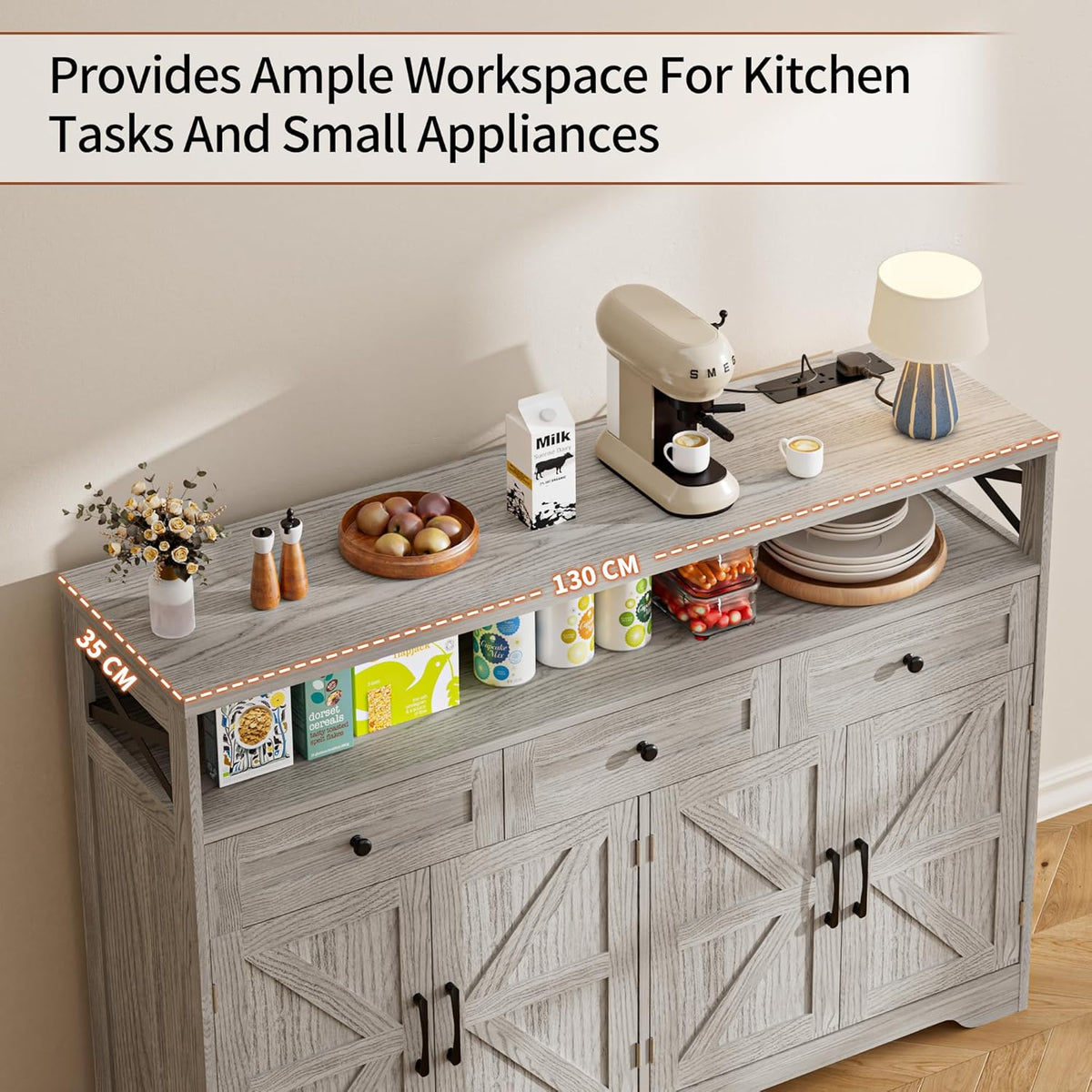 Sideboard, keukenkast met laden, opbergkast, dressoir met open plank, koffiebar kast voor keuken, eetkamer, woonkamer, 130 x 35 x 95 cm, lichtgrijs
