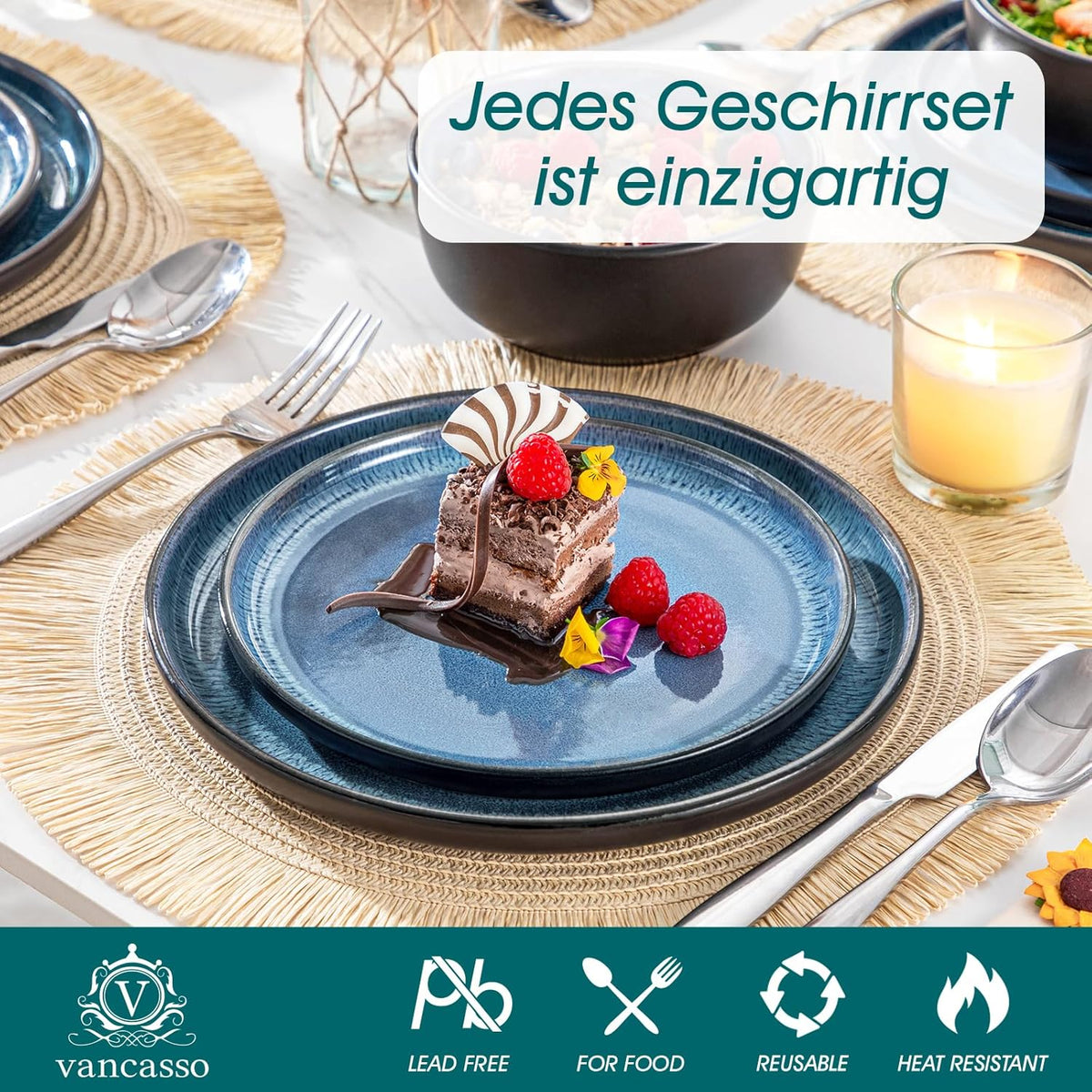 vancasso PLAYA Tafelservies voor 6 personen, modern servies, 18 delen van aardewerk, 6 platte borden, dessertborden en kommen, vaatwasmachinebestendig, reactief geëmailleerd, blauw