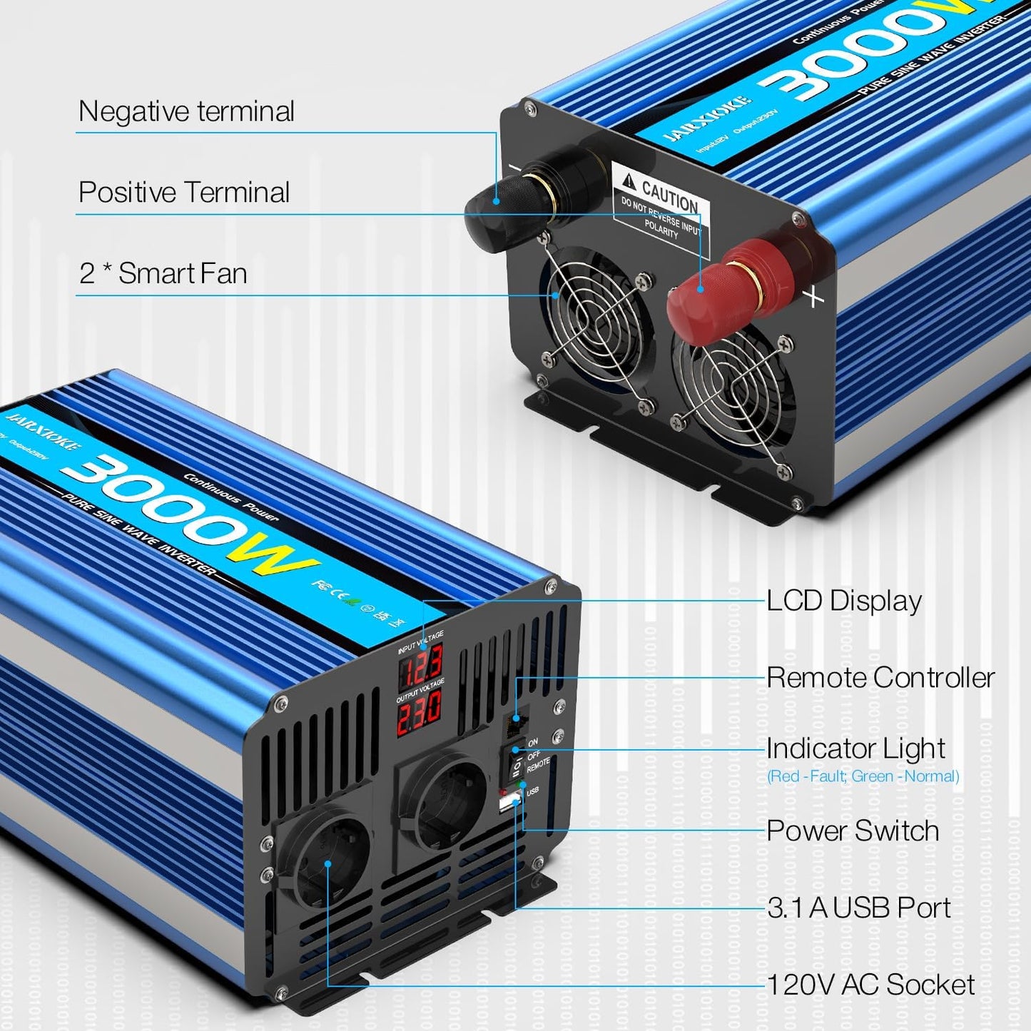 Zuivere Sinus Omvormer 3000W voor Buiten Auto 12V 230V Spanningsomvormer Inverter Pure Sine Wave met Afstandsbediening EU Stopcontact USB Poort