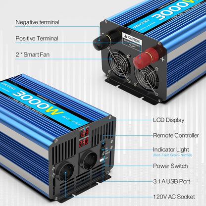 Zuivere Sinus Omvormer 3000W voor Buiten Auto 12V 230V Spanningsomvormer Inverter Pure Sine Wave met Afstandsbediening EU Stopcontact USB Poort