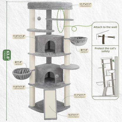 Corner Cat Tree for Indoor Cats, Cat Tower with All Sisal Scratching Posts, Multi-level Cat Condo wth 2 Large Cat Caves, Big Top Perch, 2 Hanging Baskets, Sisal Ramp, Light Gray GCT035W