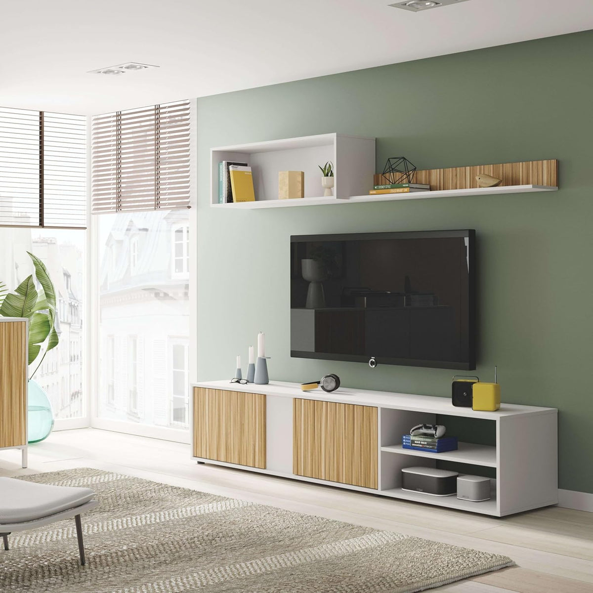 Habitdesign Tv-meubel, omkeerbaar, model Ecco, witte afwerking, artik en natuur, afmetingen: 40 cm (H) x 180 cm (B) x 33 cm (D)