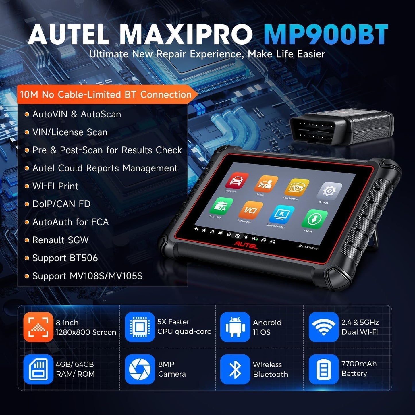 Diagnoseapparaat – Auto Scanner – OBD2 Scanner – Voertuig Diagnose Tool – ECU Codelezer – Draadloos Bluetooth – 8 Inch HD Touchscreen