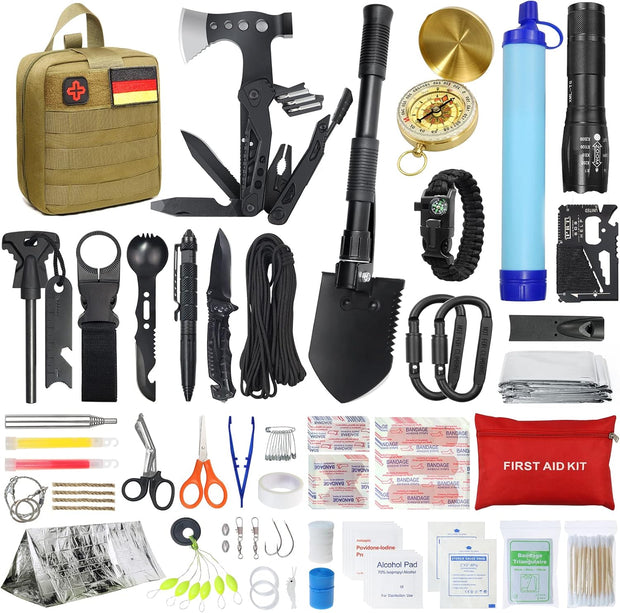 Compleet Noodpakket - Survivalkit - IFAK - 147-delige - EHBO-set - Inc. Molle-tas - Waterfilter - Filterriet - Multitool - Hamerbijl - voor Camping - Avontuur - Wandelen - Noodsituaties -