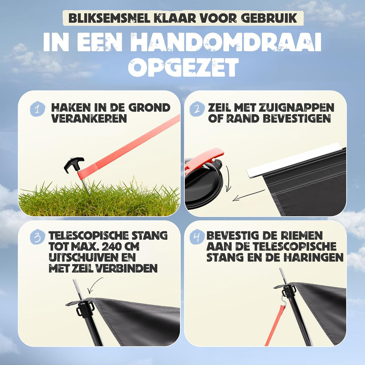 Autoluifel | 2,2 x 2,5 m Zonnescherm met 3 x Keder en 2 x Telescopische Stokken | Zonnescherm Camping Busluifel Auto Camper Keder