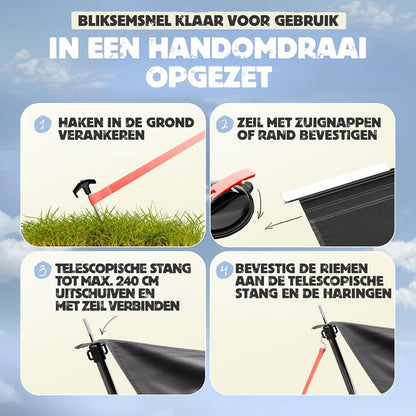 Autoluifel | 2,2 x 2,5 m Zonnescherm met 3 x Keder en 2 x Telescopische Stokken | Zonnescherm Camping Busluifel Auto Camper Keder