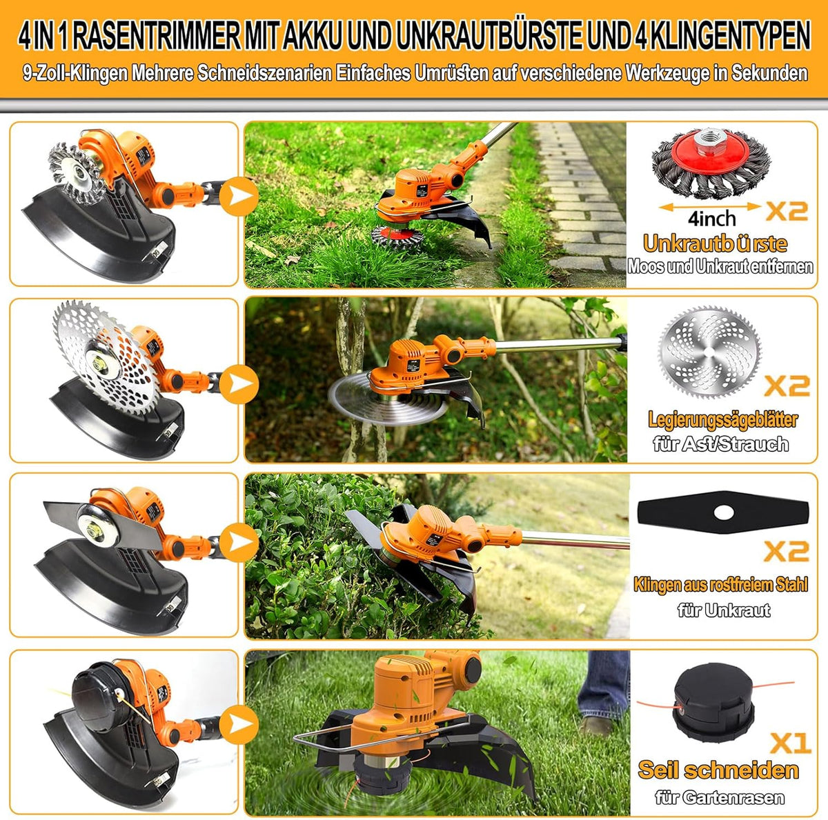 Draadloze grastrimmer met accu 21 V borstelloze bosmaaier met 2 accu's 4,0 Ah en onkruidborstel, 4-in-1 telescopische elektrische bosmaaier, draadloos, oranje