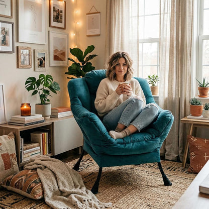 HollyHOME Relax Fauteuil Woonkamer Stoel Slaapkamer Stoel Lounge Stoel met Armleuningen Leesstoel Accentstoel met Stalen Frame, Blauw Groen