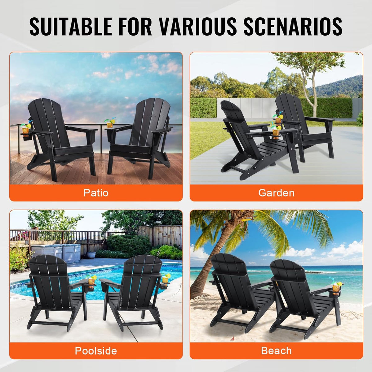 VEVOR Adirondack Stoelen van kunststof, set van 2, inklapbaar, draagbaar, weerbestendig, voor terras, met bekerhouder, ergonomische ontspanningsarmleuning, voor tuin en binnenplaats, zwart
