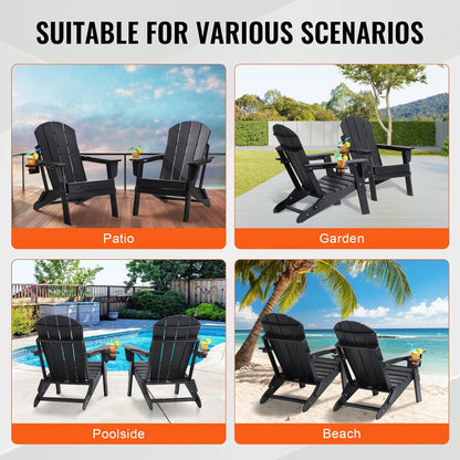 VEVOR Adirondack Stoelen van kunststof, set van 2, inklapbaar, draagbaar, weerbestendig, voor terras, met bekerhouder, ergonomische ontspanningsarmleuning, voor tuin en binnenplaats, zwart