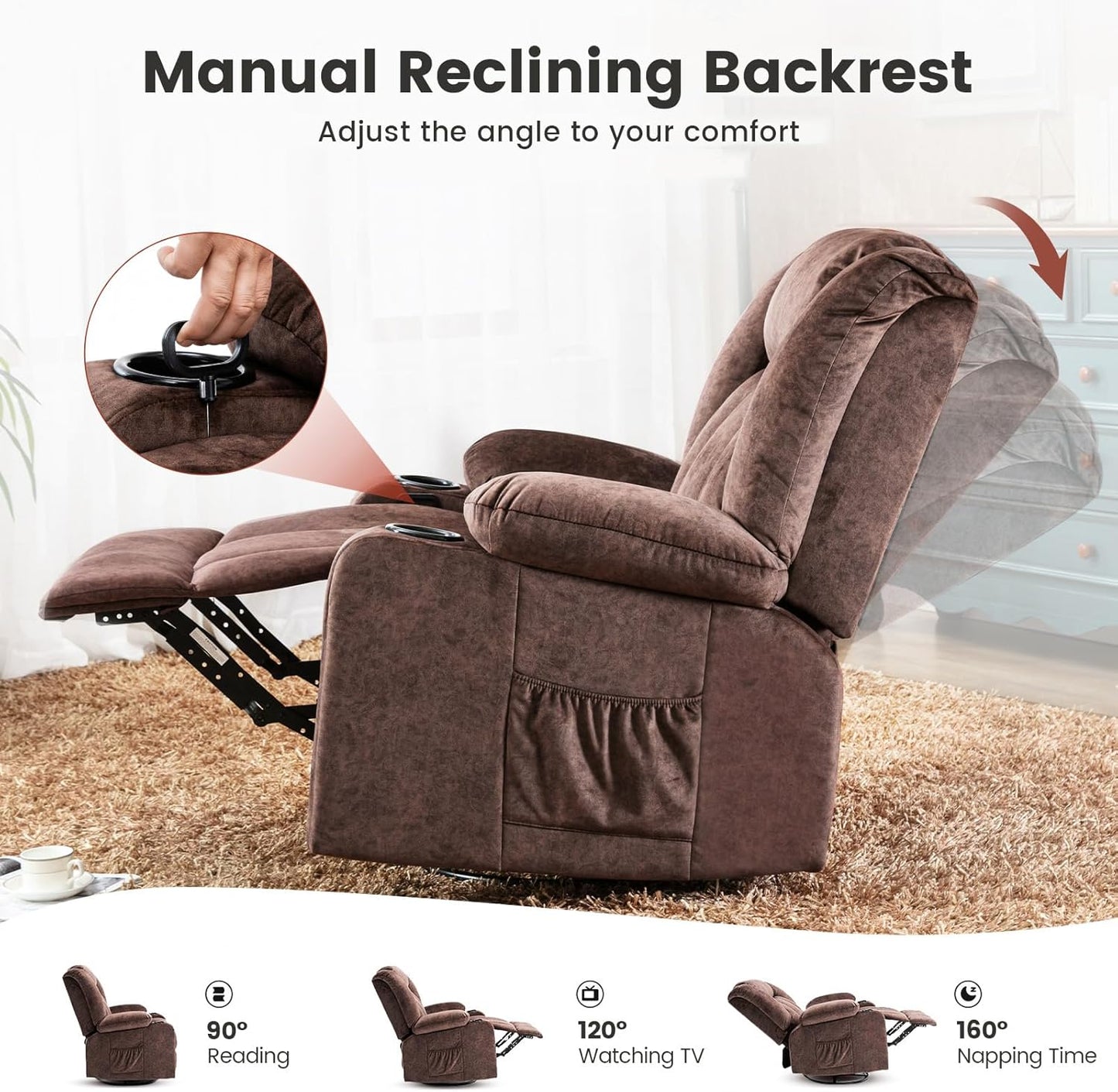 Relaxfauteuil – Relaxstoel – Lounge Chair – Fauteuil – Verstelbare Stoel – 360° Draaibaar – Inclusief Bekerhouders – Stevig Metalen Frame – Bruin – Comfortabele Bekleding – Ergonomisch Ontwerp