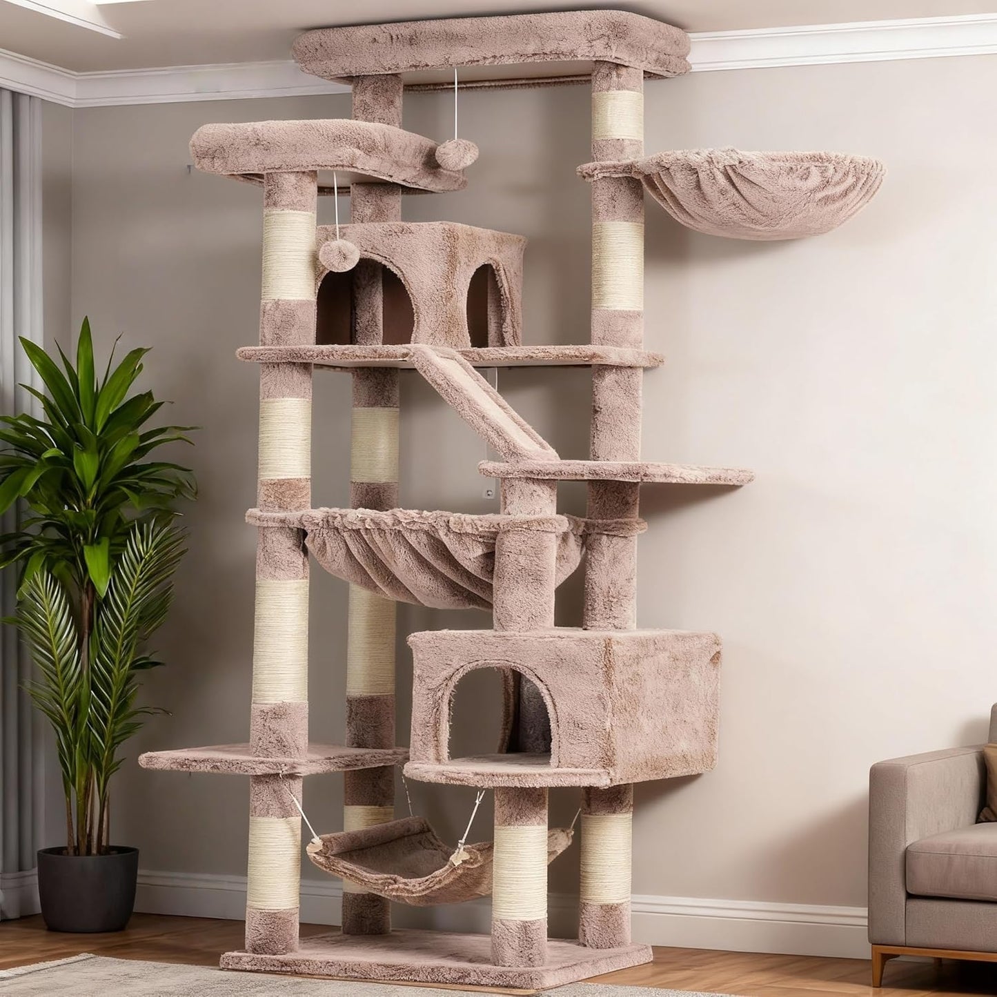 Krabpaal – Kattentoren – Krabmeubel – Kattenboom – Kattenmeubel – Rookgrijs – 180 cm Hoog – 2 Grote Slaaphuisjes & 2 Hangmatten