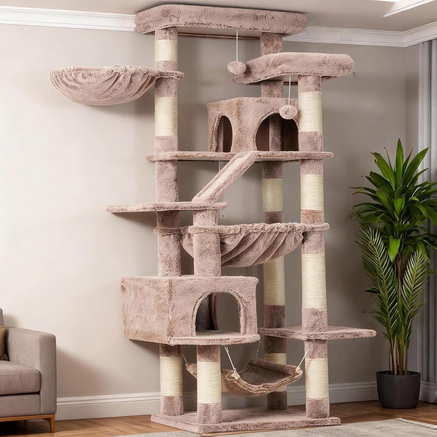 Heybly Cat Scratching Tree, 180cm Tall Cat Gate for Domestic Cats with 2 Platforms, 2 Large Sleeping Houses, 2 Hammocks, Basket and Scratching Plate, Large Cat Furniture with Sleeping Place, Ombre - QUORE