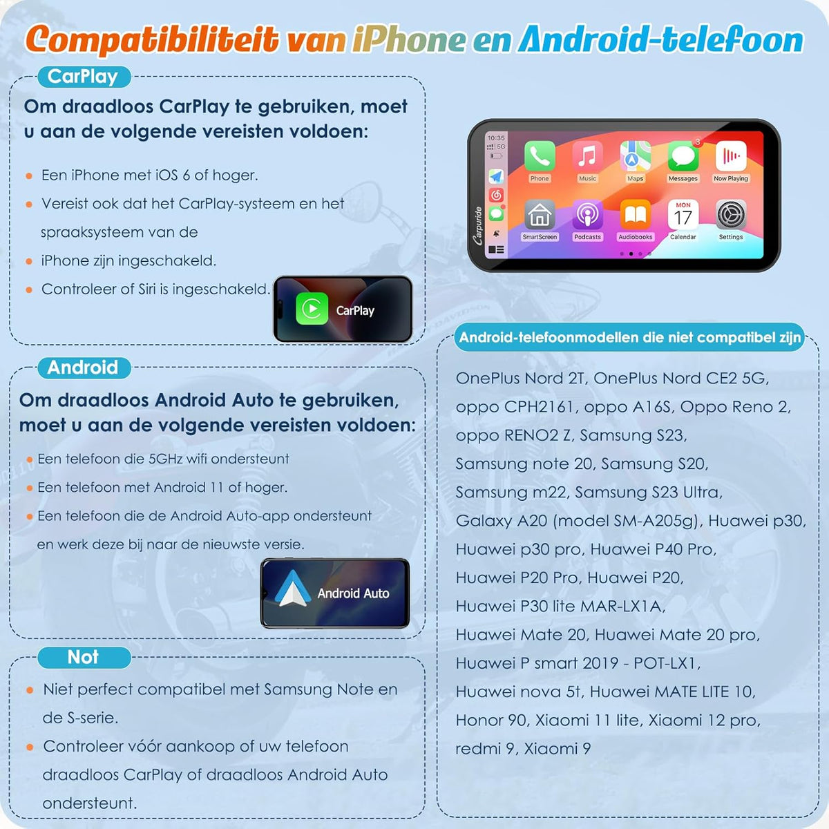 Motorfiets GPS – Motornavigatie – Navigatiesysteem – Moto GPS – Motorfiets Navigatie – 6,3 Inch HD Touchscreen – Draadloos CarPlay & Android Auto