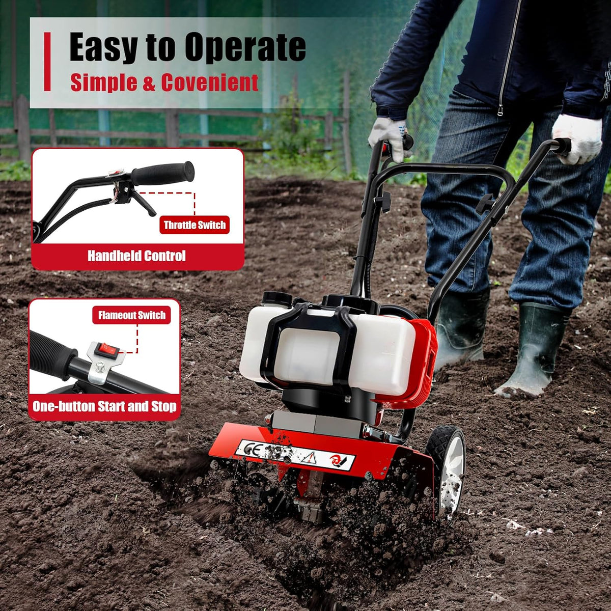 52CC Petrol Garden Cutter 2-Stroke Cultivator Mini Garden Heel Wheel Drive Ground Milling Cutter 1.65 KW Garden Tiller Cultivator Garden Heel - QUORE