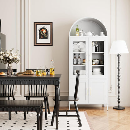 SUPEER Vitrinekast van metaal, dressoir, staande kast met gebogen dak, vitrinekast, keukenkast met 2 glazen deuren en 2 metalen deuren, glazen vitrinekast voor woonkamer, slaapkamer, 185 x 80 x 40 cm