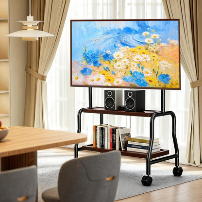 Tv-standaard, oprolbaar voor 32-75 inch televisie tot 50 kg, televisiestandaard op wielen, tv-rolwagen met houten plank, in hoogte verstelbare tv-vloerstandaard, max VESA 600 x 400 mm