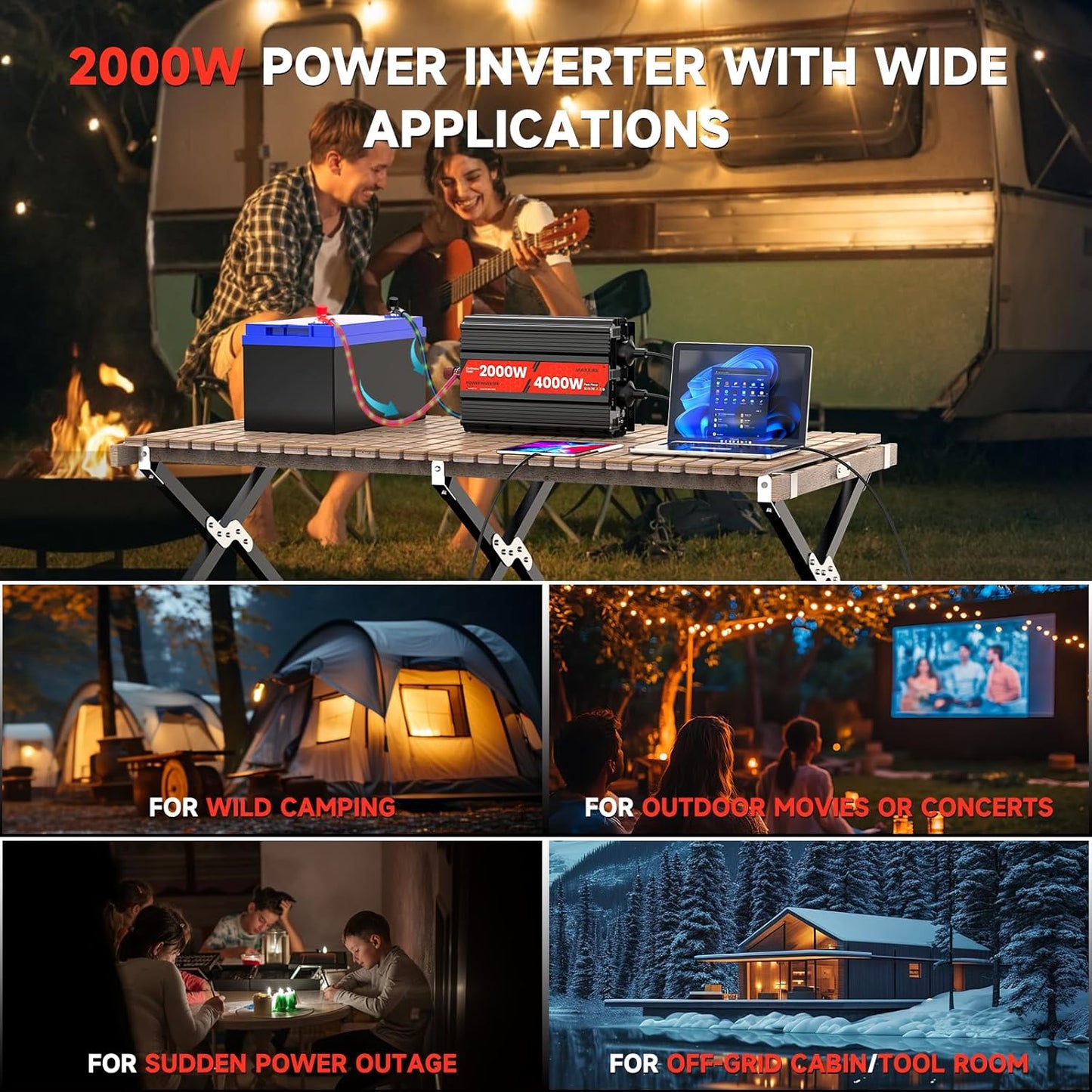 Omvormer 12V 230V 2000 W/4000 W Spanningsomvormer,Gemodificeerde Sinus Wave Inverter, 2 AC-Stopcontacten, Omvormer Voor Zonnepaneel, Auto, Camper,Voertuigen