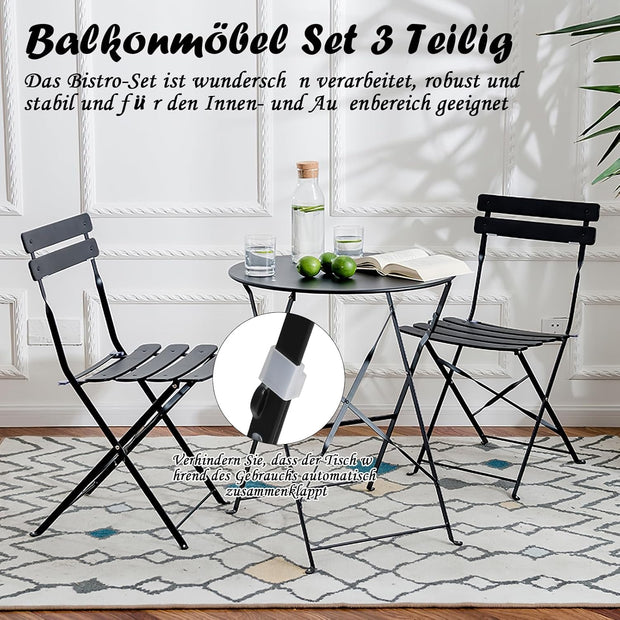 Tuinstoelen - Tuinmeubelen - 3-Delige - Tuin Eettafelstoelen - Inklapbaar Stoelen & Tafel - Bistroset - Moderne Stijl - Weerbestendig - Stabiel - Ruimtebesparend - Onderhoudsvriendelijk - 59.5 x 72 cm Tafel - 42 x 28.5 x 81 cm Stoel - Zwart