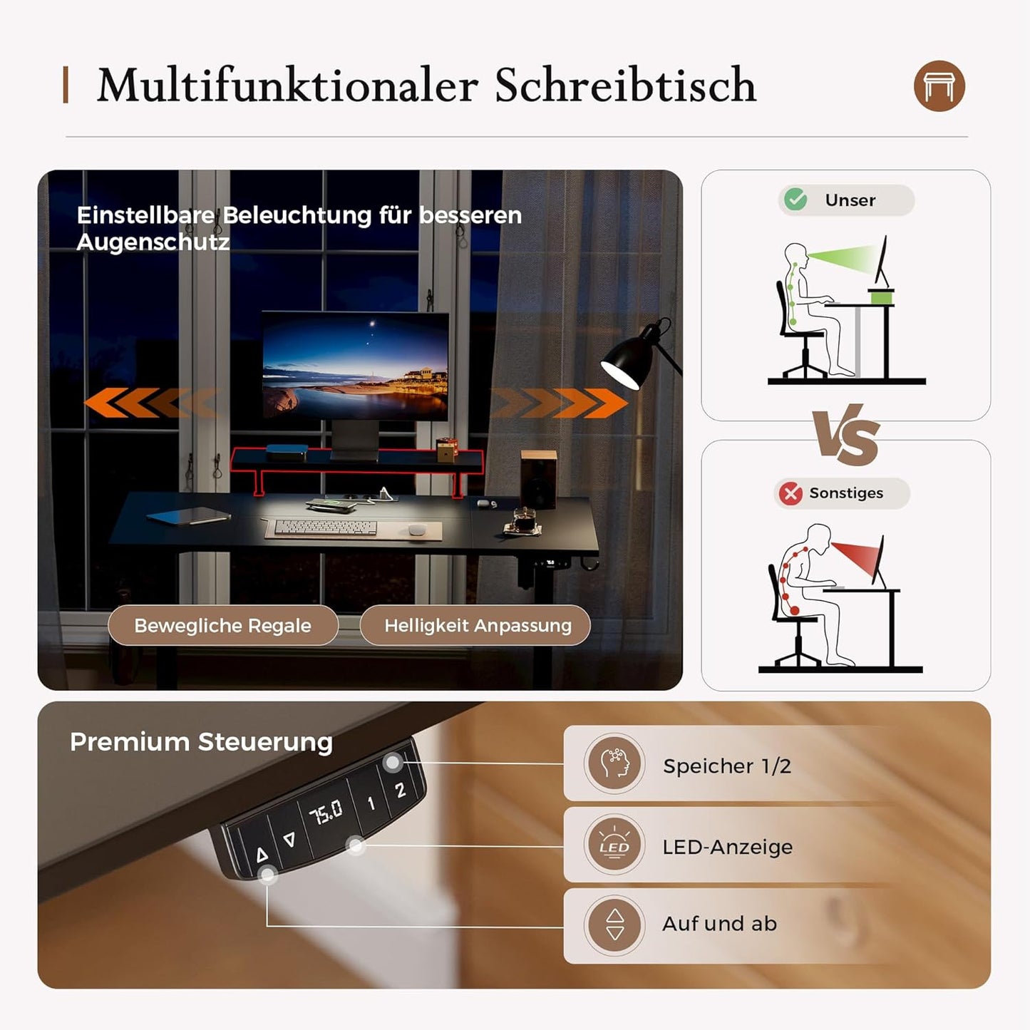 Klicelor Elektrisch Hoogteverstelbaar Bureau met LED en Stopcontacten, 160x80 cm, Bewegelijke Monitorstandaard, voor Gaming en Kantoor, Zit-Sta Bureau met 4-delig Bovenblad, Zwart