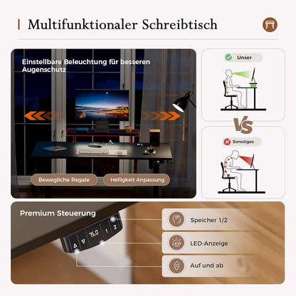 Klicelor Elektrisch Hoogteverstelbaar Bureau met LED en Stopcontacten, 160x80 cm, Bewegelijke Monitorstandaard, voor Gaming en Kantoor, Zit-Sta Bureau met 4-delig Bovenblad, Zwart