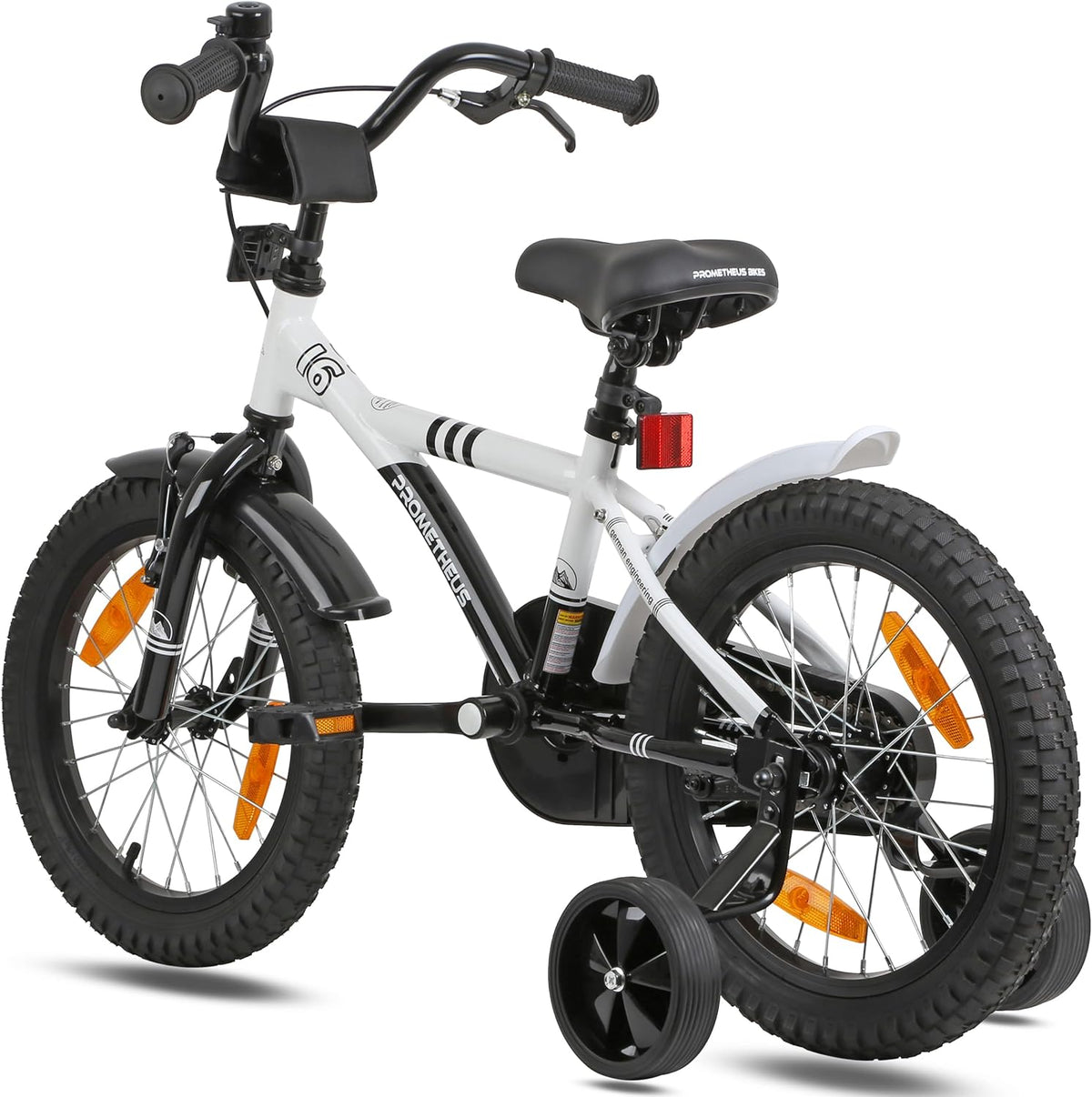 PROMETHEUS BICYCLES Kinderfiets, 16 inch vanaf 5 jaar, kinderfiets, meisjes, jongens, fiets met steunwielen, terugtraprem, in wit en zwart