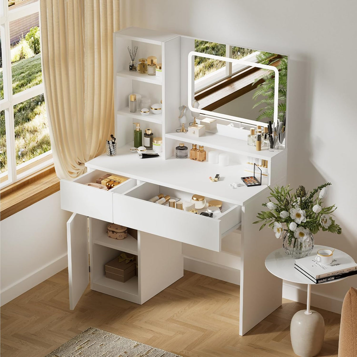 Devoko Makeup Table with Mirror, Adjustable LED Lights, Adjustable Shelves with 2 Drawers, Dressing Table, Modern White Wood Dressing Table - QUORE
