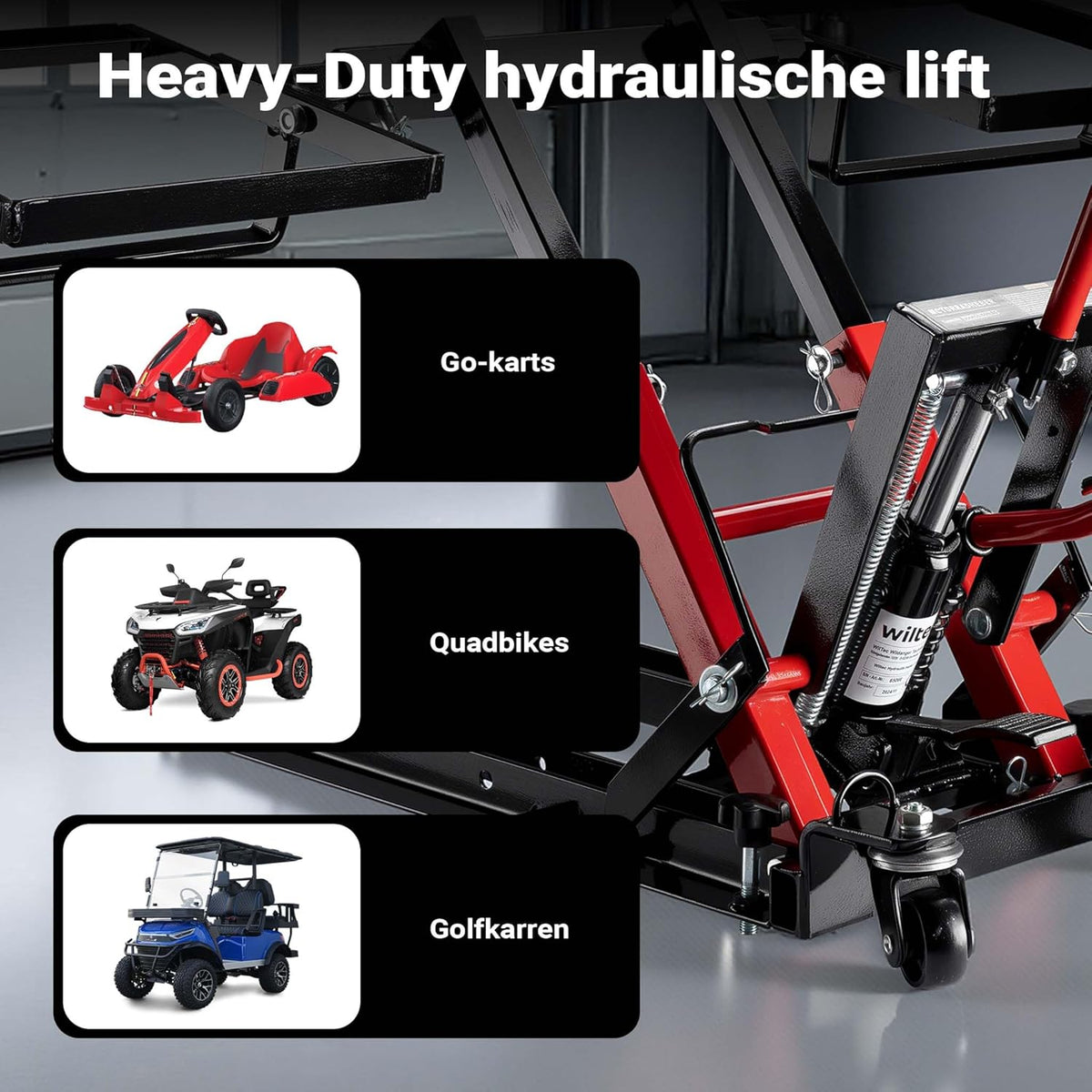 Wiltec 3-in-1 hydraulische lift voor zitmaaiers en motorfietsen, motorlift tot 300 kg, machinekrik met een hefhoogte tot 53 cm, mobiele zitmaaierkrik voor grasmaaiers, motoren, ATV's