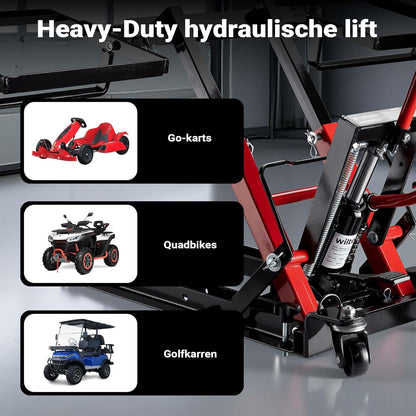 Wiltec 3-in-1 hydraulische lift voor zitmaaiers en motorfietsen, motorlift tot 300 kg, machinekrik met een hefhoogte tot 53 cm, mobiele zitmaaierkrik voor grasmaaiers, motoren, ATV's