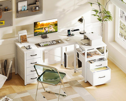 Coleshome Bureau met Stoffen laden, Omkeerbaar Bureau, 140 x 80 cm L-vorm met Aktlade, Hoekbureau met USB-Oplaadpoort en Stopcontact, Thuiskantoor, Bureau, Wit