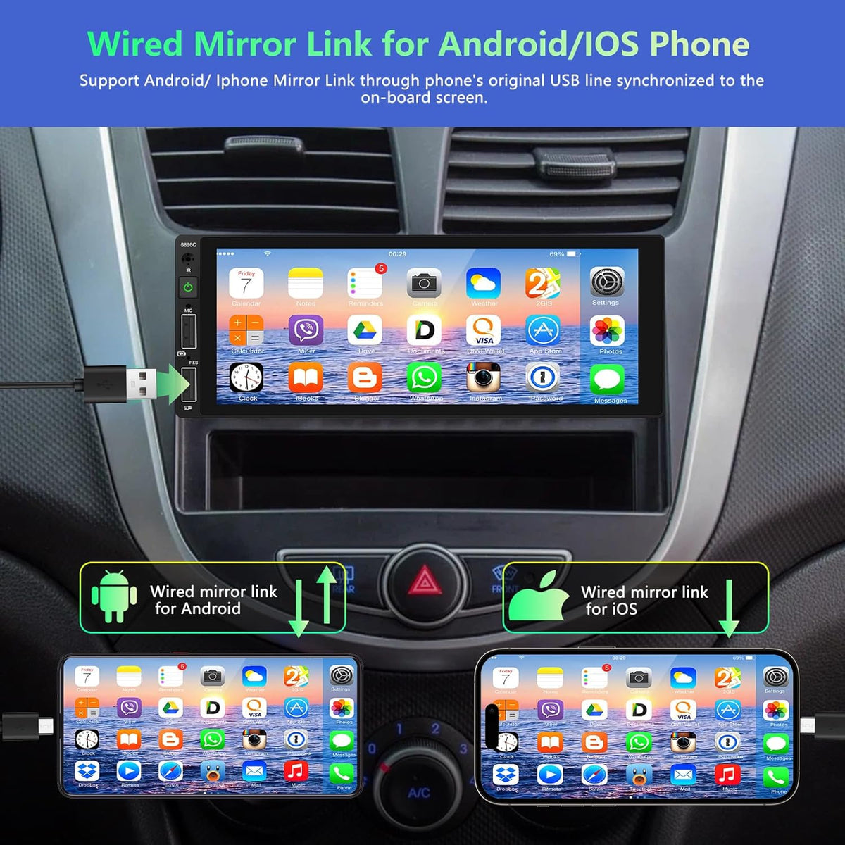 Podofo 1 Din car radio for Apple Carplay Wired Bluetooth Android Auto, 6.86 inch with display Car radio with screen Supports FM mirror jack, rear view camera and microphone - QUORE
